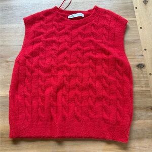 Zara Bright Red Cable-Knit Sleeveless Sweater Vest